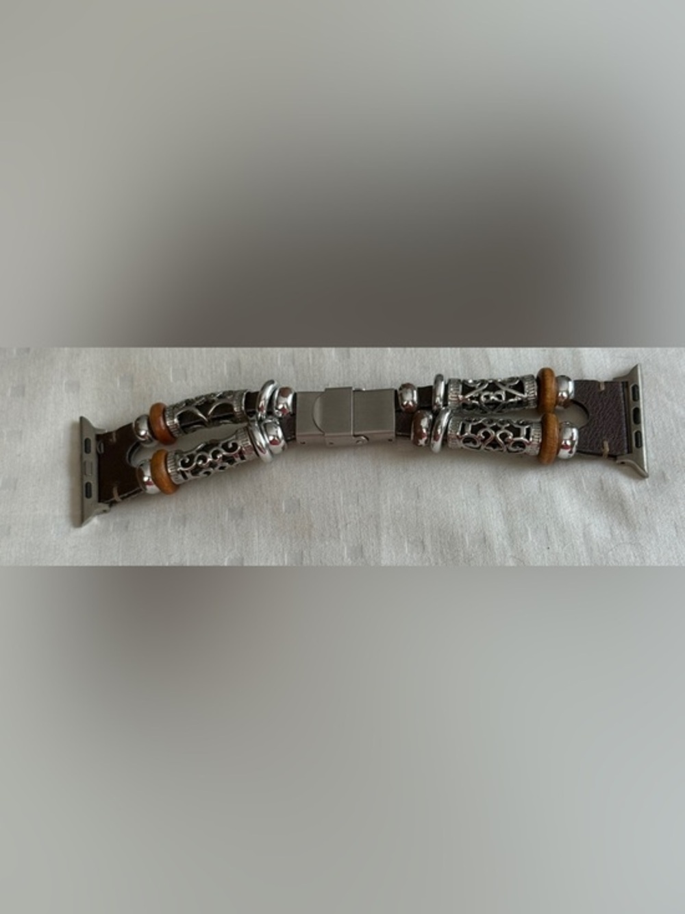 Stainless Steel Brown Leather and Silver Beaded Apple Watch Band Strap